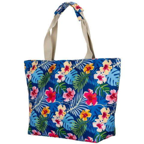 Pojemna niebieska torba shopper z egzotycznym kwiatowym wzorem