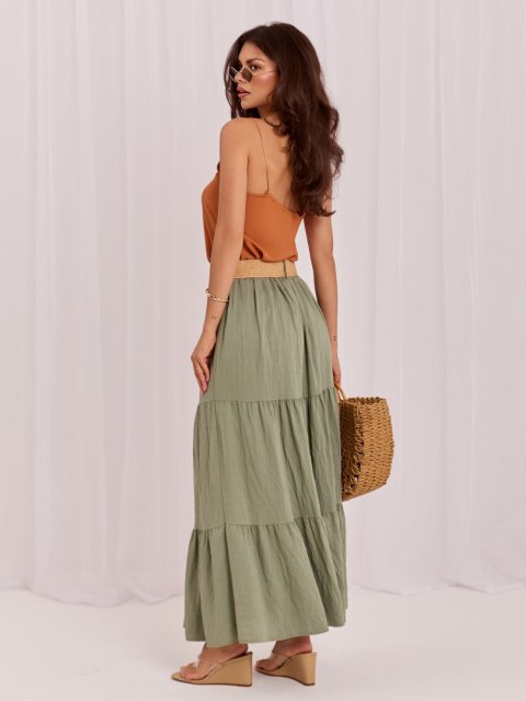 Długa spódnica damska khaki w stylu boho z falbanami