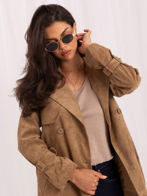 Camelowy płaszcz damski casual ze sztucznego zamszu do codziennych stylizacji