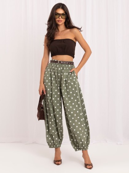 Khaki spodnie bawełniane w groszki z paskiem ITALY MODA