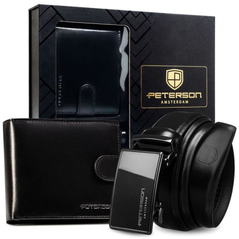 Zestaw prezentowy: skórzany, pojemny portfel męski w czarnym kolorze i pasek ze skóry naturalnej - Peterson