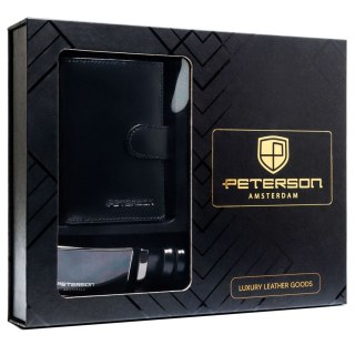Zestaw prezentowy: skórzany portfel męski w czarnym kolorze z systemem RFID i pasek ze skóry naturalnej - Peterson