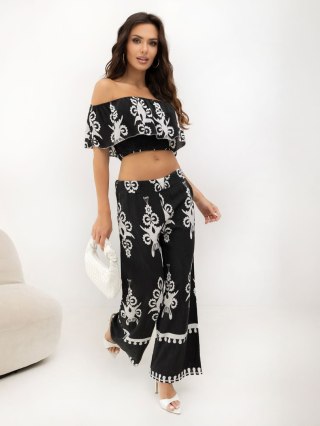 Czarny komplet boho z hiszpanką i szerokimi spodniami 100% wiskoza ITALY MODA