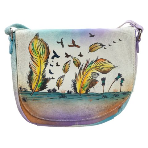 Torebka damska handmade z motywem piór i lecących ptaków