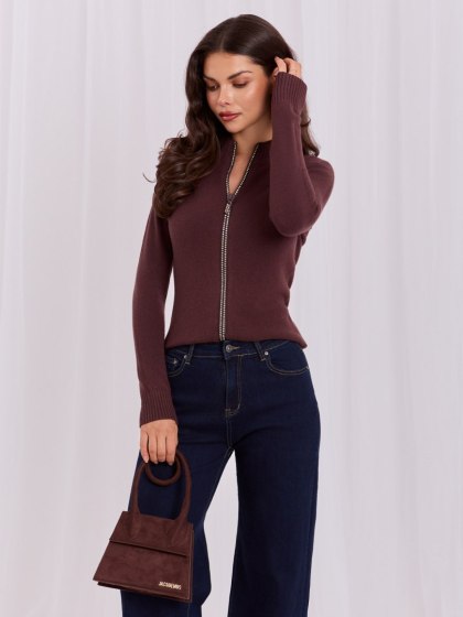 Brązowy elegancki sweter damski na suwak z cyrkoniami ITALY MODA