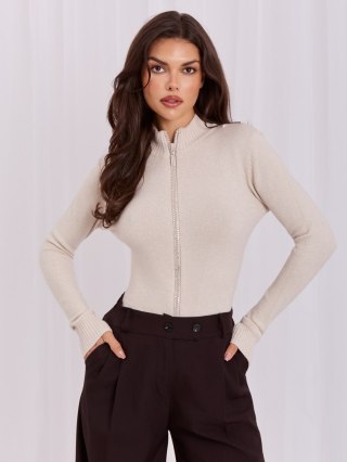 Jasnobeżowy elegancki sweter damski na suwak z cyrkoniami ITALY MODA