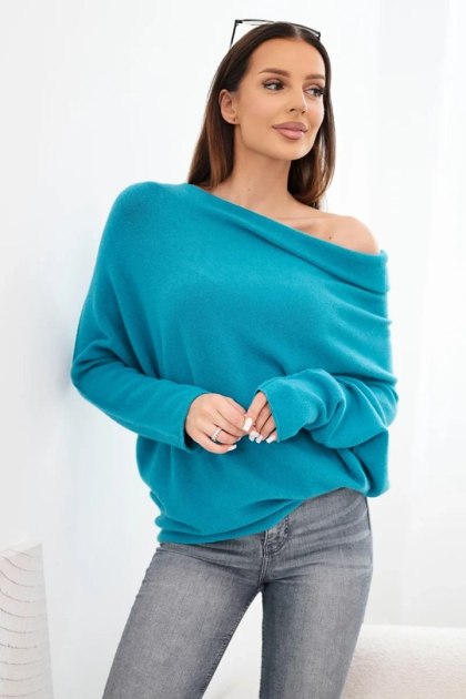 Sweter damski morski oversize z wiskozą typu nietoperz – asymetryczny, włoski