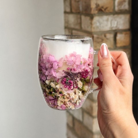 Elegancka szklanka termiczna 300 ml z różową hortensją