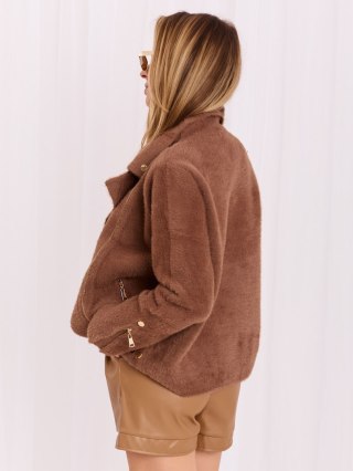 Brązowa kurtka damska alpaka z wełną i angorą z ozdobnymi suwakami