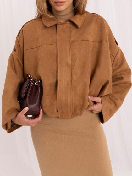 Camelowa kurtka damska z imitacji zamszu oversize na suwak ITALY MODA
