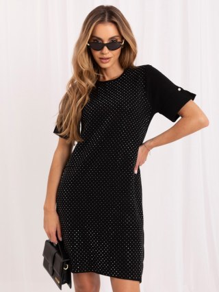 Czarna trapezowa sukienka damska z biżuteryjnymi dżetami ITALY MODA