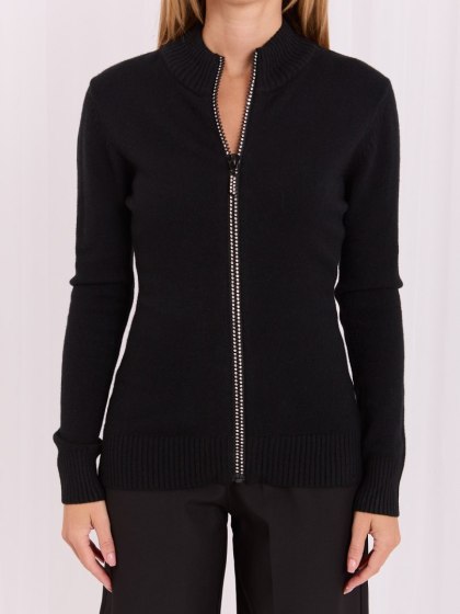 Czarny elegancki sweter damski na suwak z cyrkoniami ITALY MODA