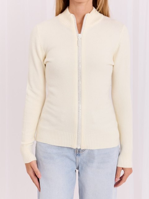Sweter damski ecru rozpinany na suwak z cyrkoniami