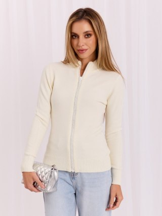Ecru elegancki sweter damski na suwak z cyrkoniami ITALY MODA