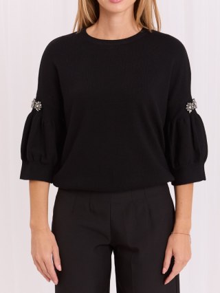 Czarny elegancki sweter damski z cyrkoniami i bufiastymi rękawami 3/4 ITALY MODA