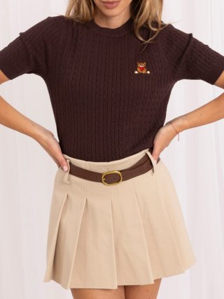 Brązowy damski sweter z krótkim rękawem, warkoczowym splotem i haftowanym misiem ITALY MODA