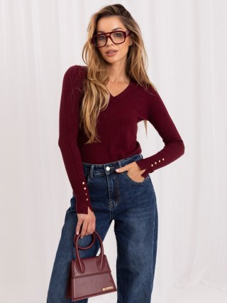 Bordowy damski sweter z dekoltem V i ozdobnymi guzikami ITALY MODA