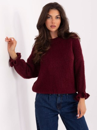 Bordowy sweter damski z falbankami i dodatkiem wełny ITALY MODA