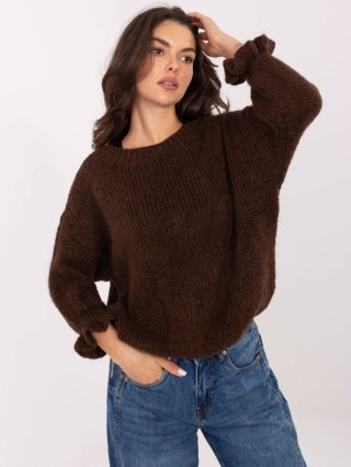 Ciemnobrązowy sweter damski oversize z falbankami i dodatkiem wełny ITALY MODA