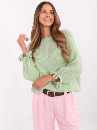 Pistacjowy sweter damski z falbankami i dodatkiem wełny ITALY MODA