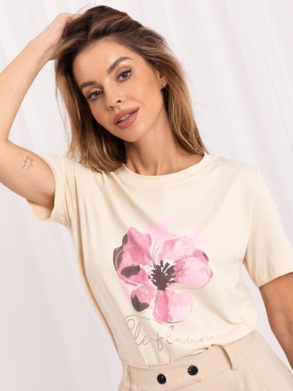 Jasnobeżowy bawełniany t-shirt damski z kwiatowym nadrukiem RUE PARIS