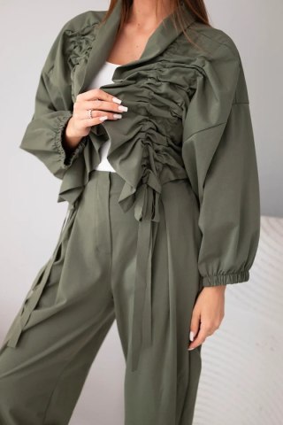 Khaki bawełniany komplet damski z marszczoną bluzą i spodniami jogger – włoski