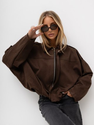 Brązowa kurtka damska z imitacji zamszu oversize na suwak ITALY MODA