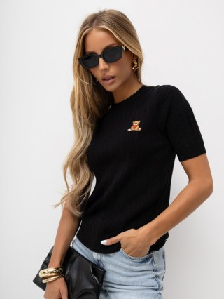Czarny damski sweter z krótkim rękawem i haftowanym misiem ITALY MODA