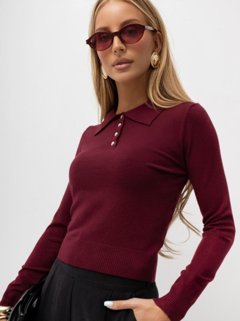 Bordowy elegancki sweter damski polo z kołnierzykiem ITALY MODA