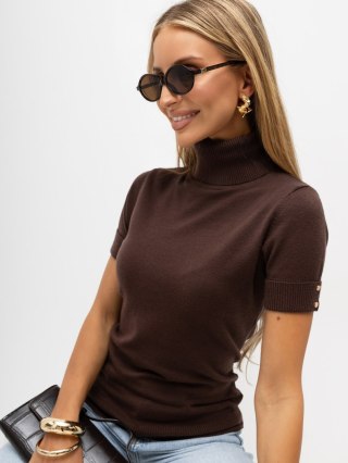 Brązowy elegancki sweter damski z golfem i krótkim rękawem ITALY MODA