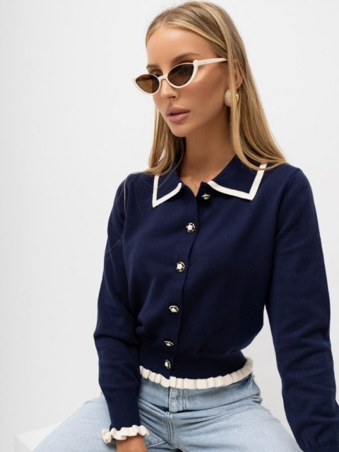Granatowy elegancki kardigan damski z kontrastowym kołnierzykiem ITALY MODA