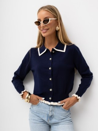 Granatowy elegancki kardigan damski z kontrastowym kołnierzykiem i ozdobnymi guzikami ITALY MODA