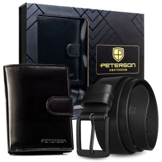 Zestaw prezentowy: pionowy portfel męski w czarnym kolorze i pasek ze skóry naturalnej z klasyczną klamrą - Peterson