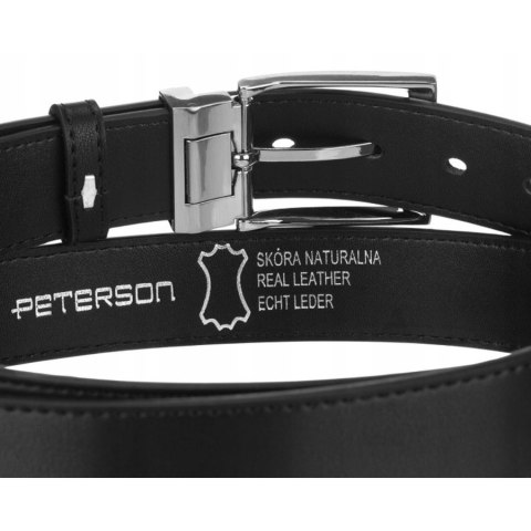 Zestaw prezentowy: pionowy portfel męski w czarnym kolorze i pasek ze skóry naturalnej z klasyczną klamrą - Peterson
