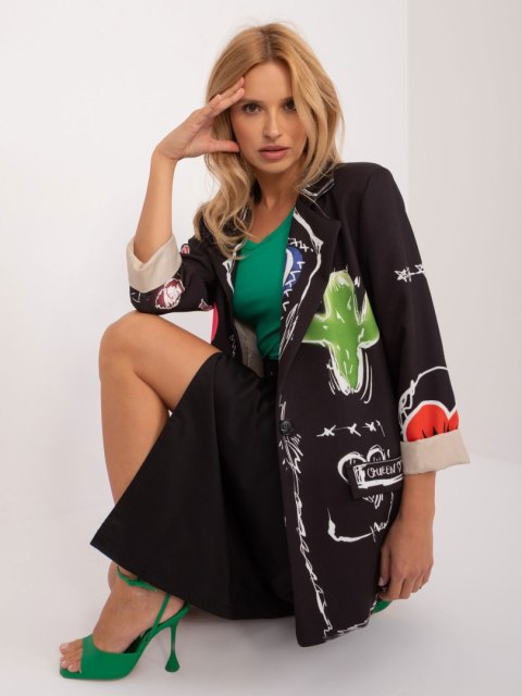 Czarna marynarka damska oversize z kolorowym nadrukiem ITALY MODA