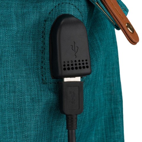Turkusowy plecak dla mamy wykonany z poliestru, wyposażony w port USB i dwie komory - Peterson
