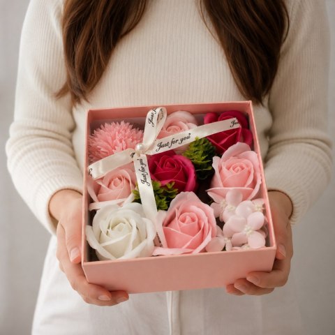 Bukiet zapachowych kwiatów mydlanych w ozdobnym pudełku, flower box BUK02R