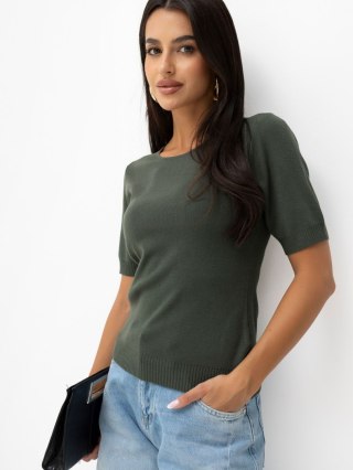 Khaki sweter damski basic z krótkim rękawem i okrągłym dekoltem SHEEP