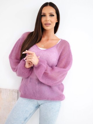 Fioletowy sweter damski z 70% kid moheru i dekoltem V – luźny fason