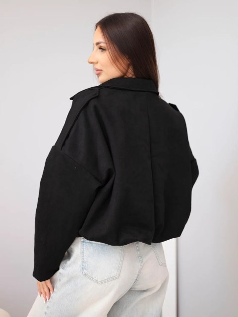 Czarna kurtka damska zamszowa krótka oversize z kołnierzykiem – Made in Italy
