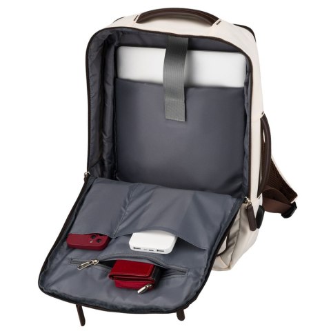 Kabinowy plecak wykonany z poliestru w beżowym kolorze, wyposażony w port USB - Peterson