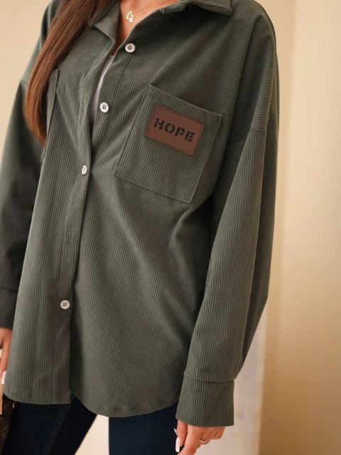 Khaki koszula damska oversize sztruksowa z bawełną i kieszeniami – Made in Italy