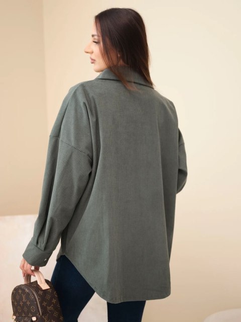 Khaki koszula damska oversize sztruksowa z bawełną i kieszeniami – Made in Italy