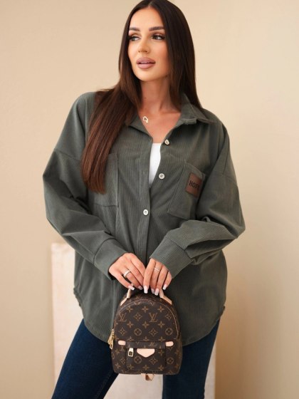 Khaki koszula damska oversize sztruksowa z bawełną i kieszeniami – Made in Italy