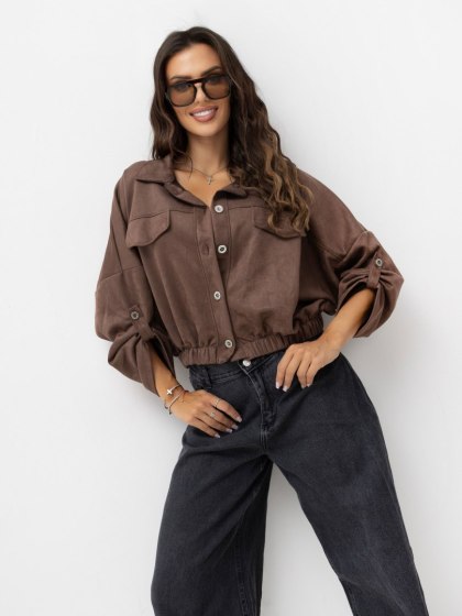 Brązowa krótka kurtka damska z efektem zamszu na guziki – ITALY MODA