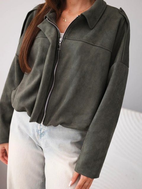 Kurtka damska zamszowa khaki krótka oversize z kołnierzykiem – Made in Italy