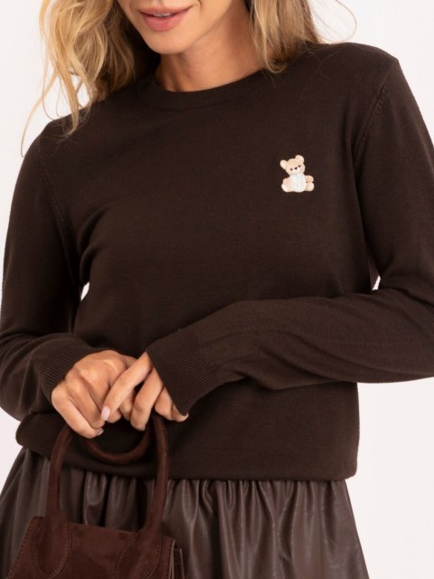 Brązowy sweter damski z ozdobnym haftem misia