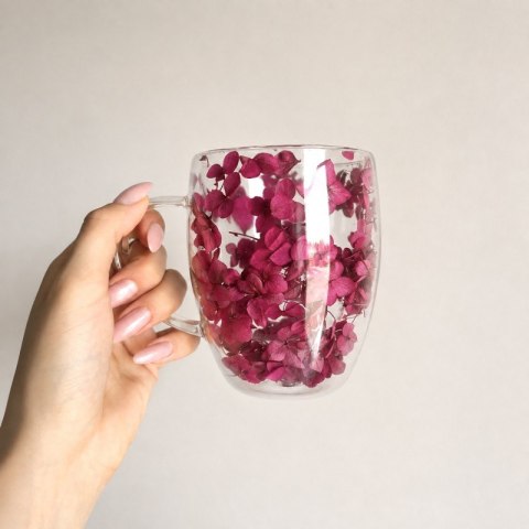Szklanka termiczna z kwiatami w środku 300ml 1szt, pełna hortensji, burgund bordo SZK218