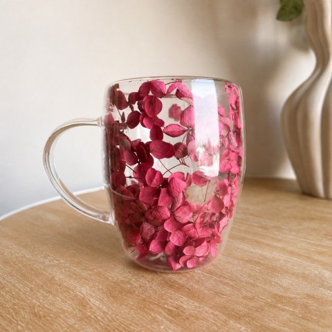 Szklanka termiczna z kwiatami w środku 300ml 1szt, pełna hortensji, burgund bordo SZK218