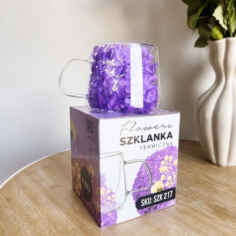 Szklanka termiczna z kwiatami w środku, pełna hortensji, niebieski 180 ml 1szt SZK217